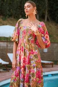 Olive Floral Print Maxi Dress