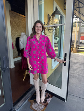 Pink Jacquard Button Down Dress