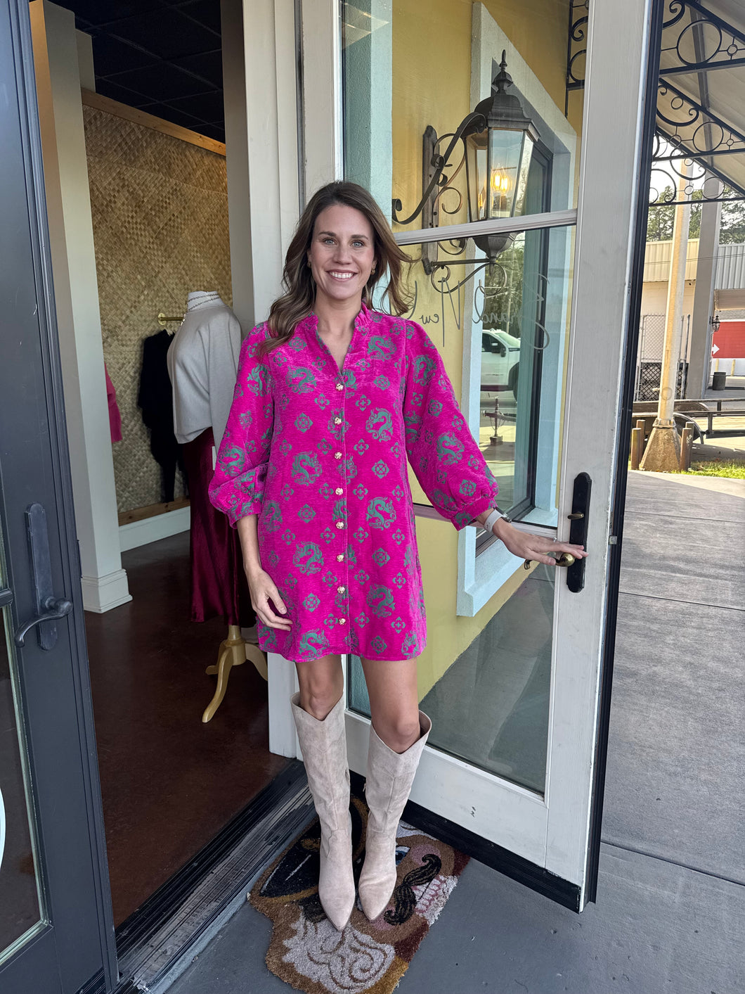 Pink Jacquard Button Down Dress