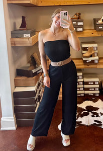 Black Ribbed Strapless Jumpsuit