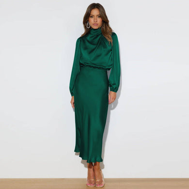 Emerald Green Long Sleeve Satin Dress