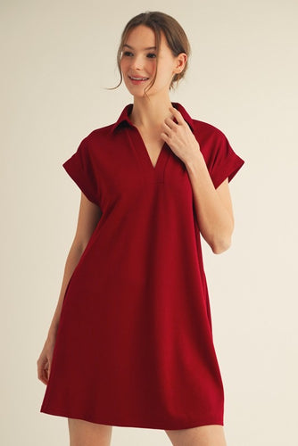 Wine Collared Casual Shift Dress