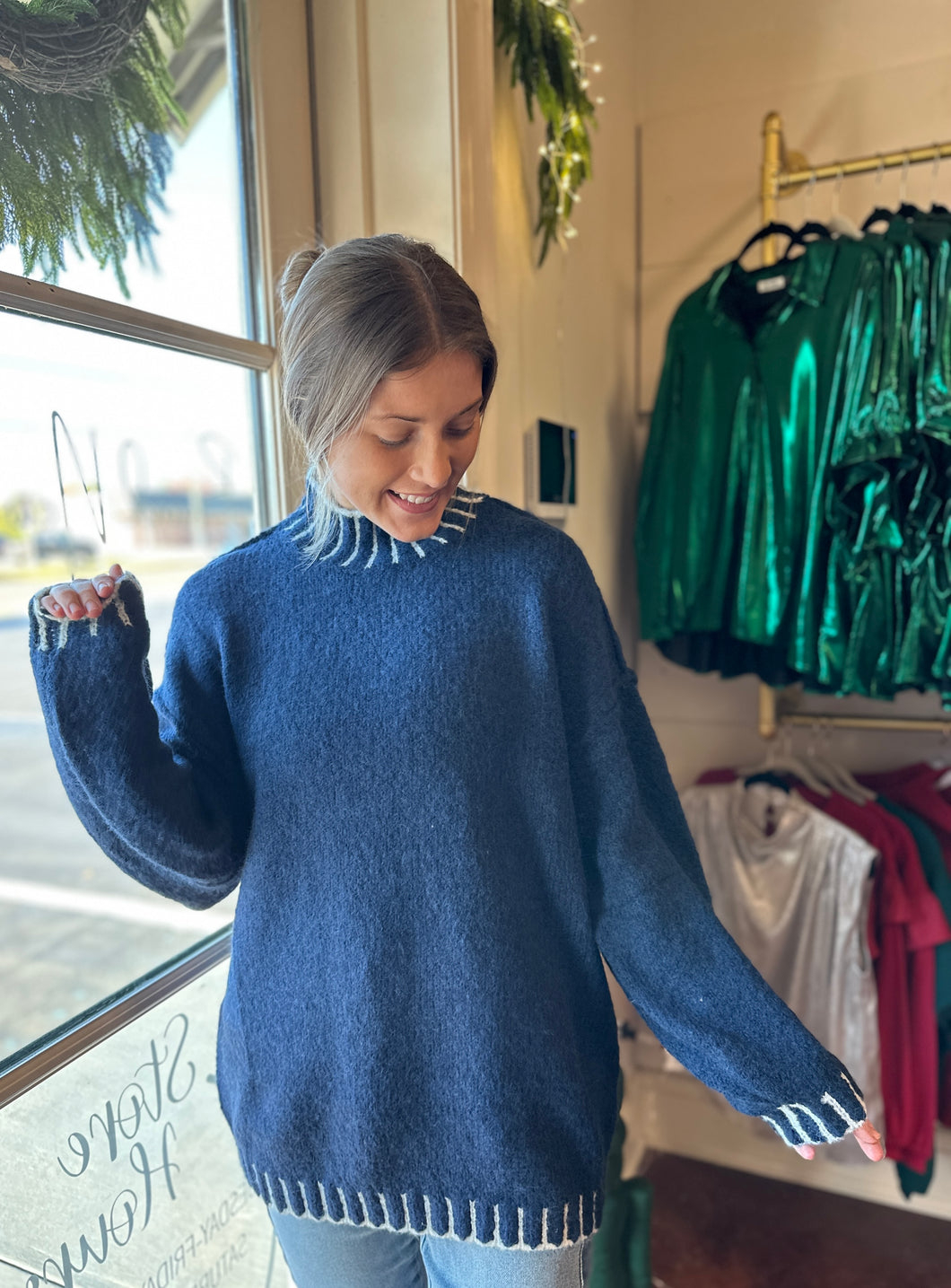 Navy Sweater with White Contrast Stitching