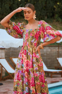 Olive Floral Print Maxi Dress