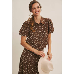 Brown Floral Bubble Midi Skirt