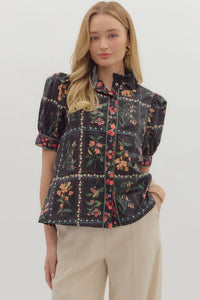 Black Floral Button Down Top