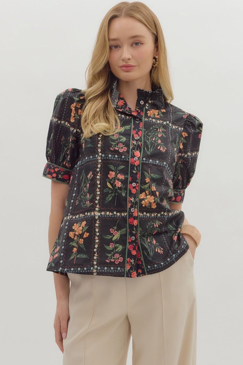 Black Floral Button Down Top