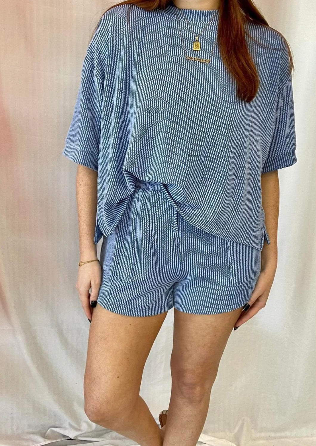 Blue Ribbed Shorts Set