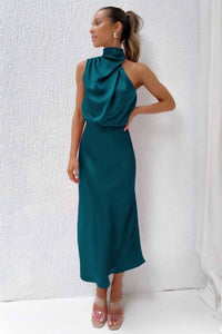 Teal Sleeveless Satin Midi Dress