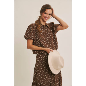 Brown Floral Bubble Midi Skirt