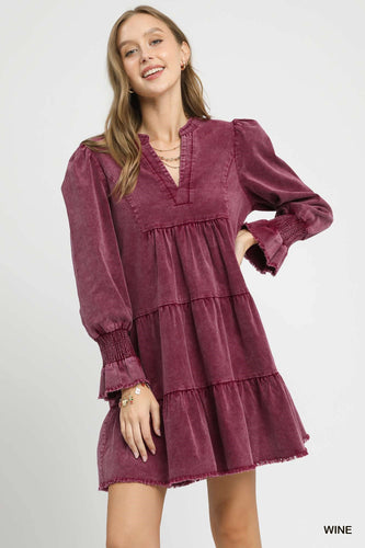 Wine Corduroy Tiered Dress
