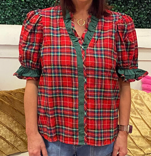 Red Plaid Puff Sleeve Top