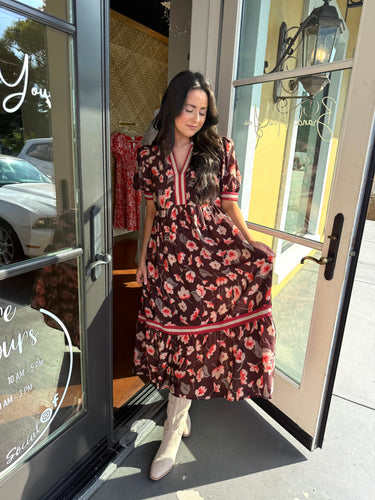 Brown Floral Tiered Midi Dress