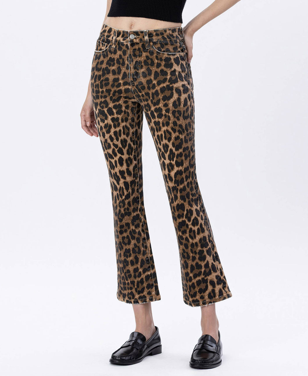 LOVERVET HIGH RISE LEOPARD KICK FLARE JEANS