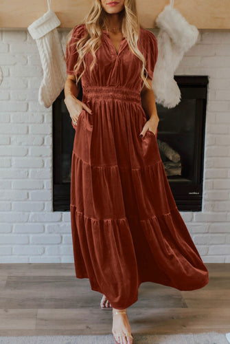 Brown Velvet Tiered Maxi Dress