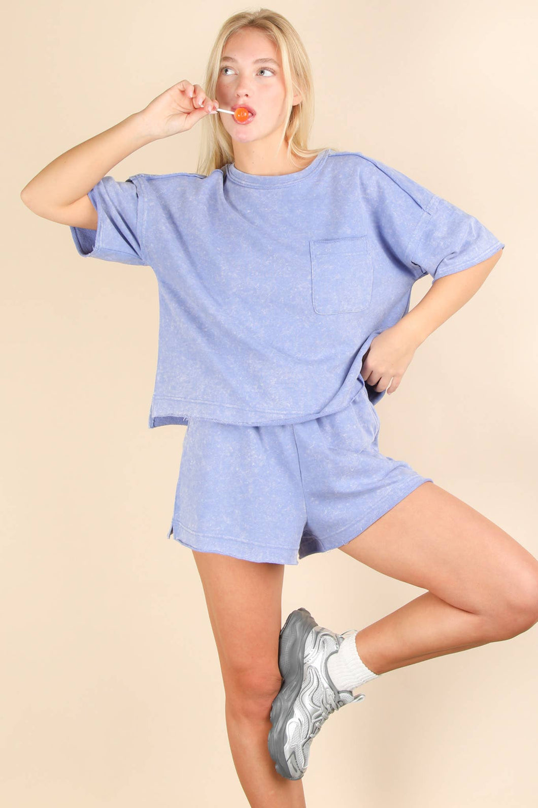 Blue Mineral Washed Shorts Set