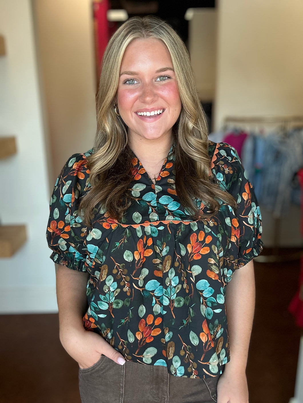 Black Botanical Print V-Neck Top