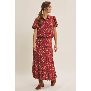 Brown Floral Bubble Midi Skirt
