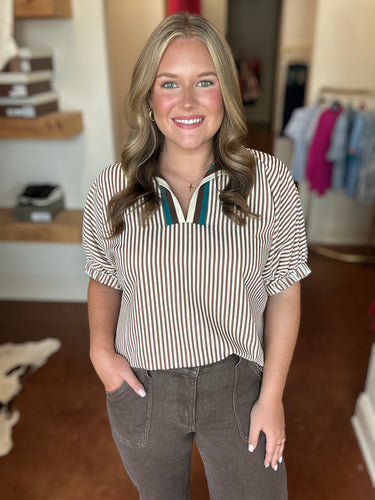 Caramel Striped Elastic Sleeve Top