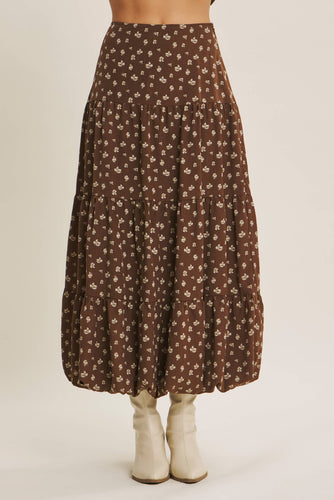 Brown Floral Bubble Midi Skirt