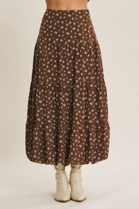 Brown Floral Bubble Midi Skirt