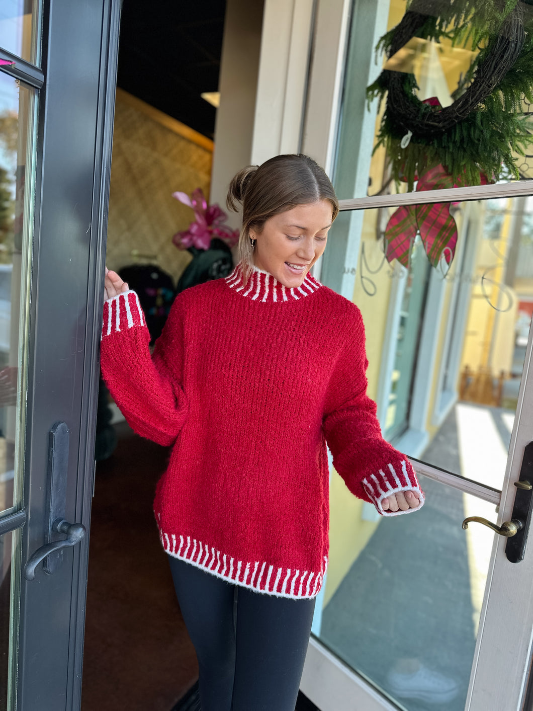 Red Sweater with Contrast White Stitching