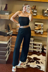 Black Ribbed Strapless Jumpsuit