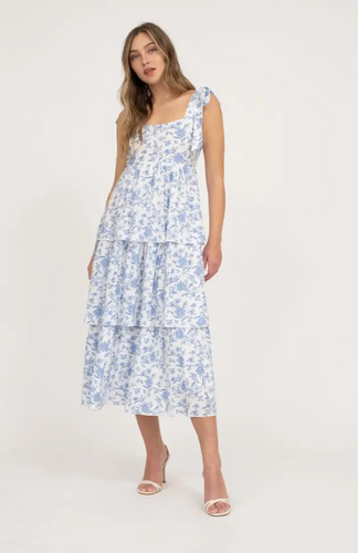 Blue and White Floral Tiered Midi Dress