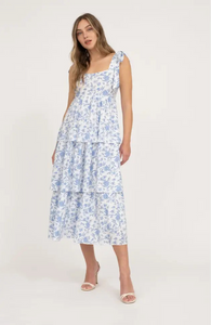 Blue and White Floral Tiered Midi Dress