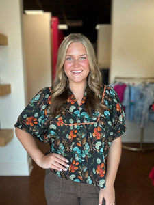 Black Botanical Print V-Neck Top