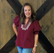 Load image into Gallery viewer, Wine V Neck Top with Contrast Stitching