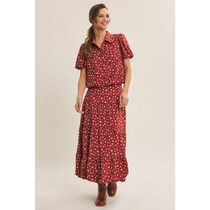 Brown Floral Bubble Midi Skirt