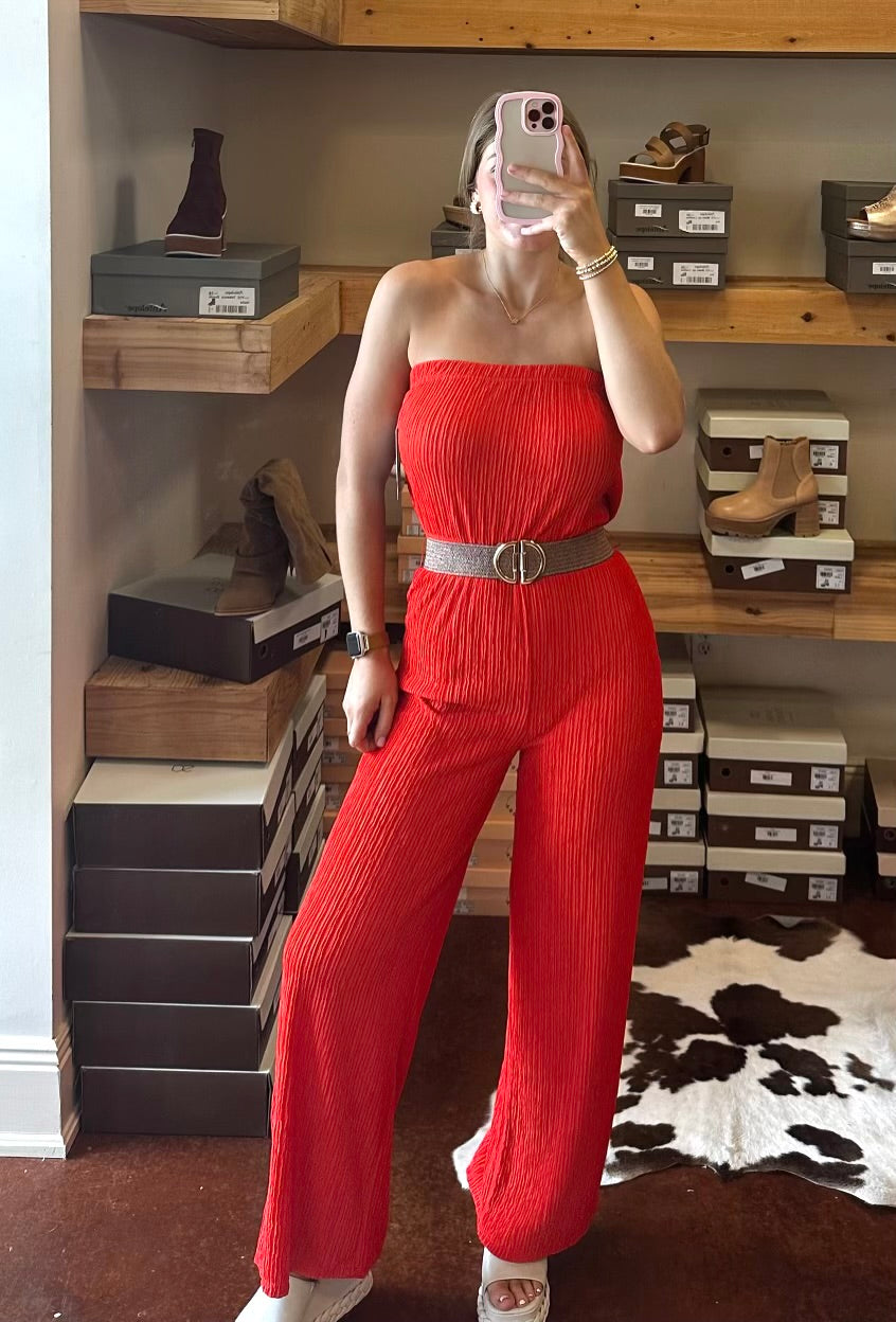 Shopbrandnewyou Red Ribbed Strapless Jumpsuit Medium