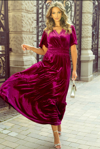 Magenta Velvet Tiered Maxi Dress