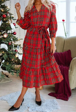 Red Plaid Midi Dress