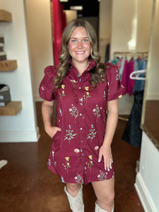 Burgundy Floral Print Mini Dress