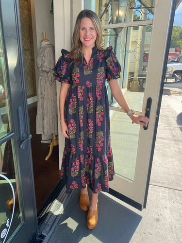 Black and Red Floral Print Midi Dress