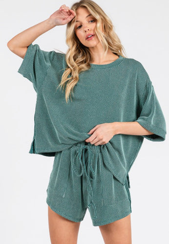 Teal Green Ribbed Shorts Set