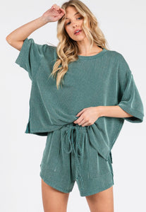 Teal Green Ribbed Shorts Set