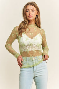 MESH LACE HIGH NECK DESIGN LONG SLEEVE FITTED TOP