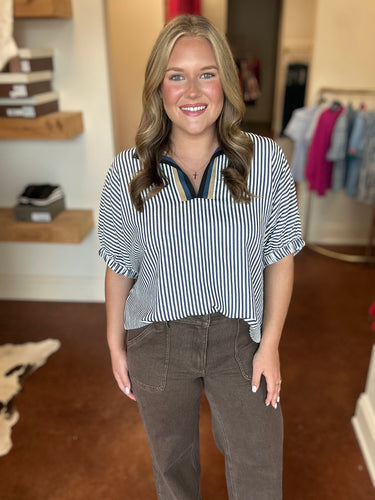 Navy Striped Contrasting Ribbon Top