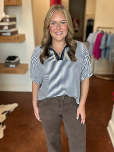 Navy Striped Contrasting Ribbon Top