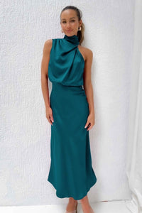 Teal Sleeveless Satin Midi Dress