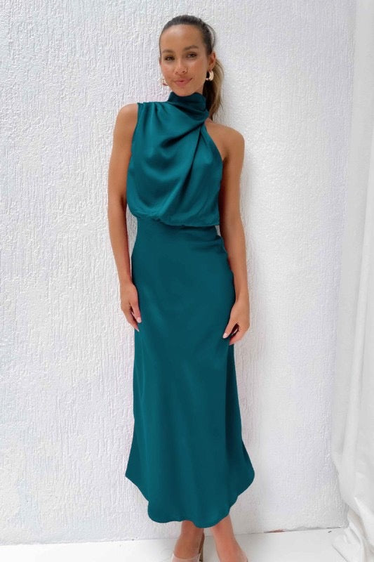 Teal Sleeveless Satin Midi Dress