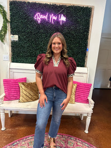 Merlot Puff Sleeve Leopard Accent Top