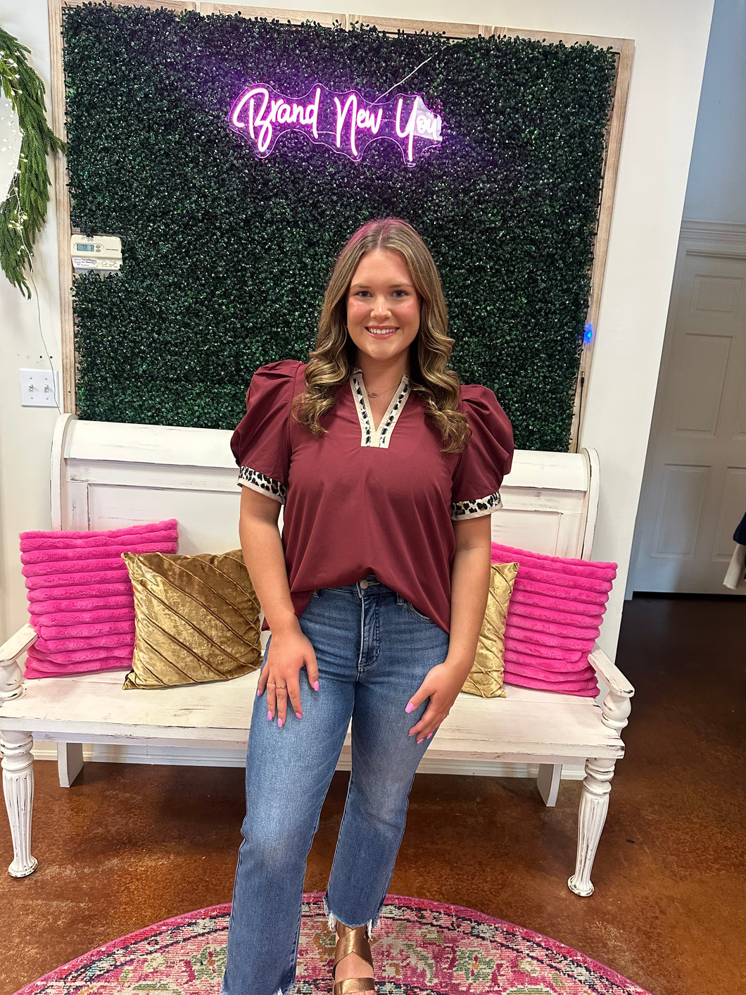 Merlot Puff Sleeve Leopard Accent Top