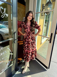Brown Floral Tiered Midi Dress