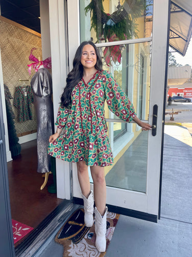 Red and Green Floral Dress