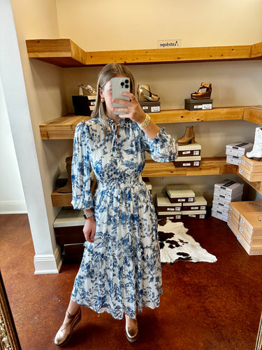 Blue Toile Long Sleeve Maxi Dress