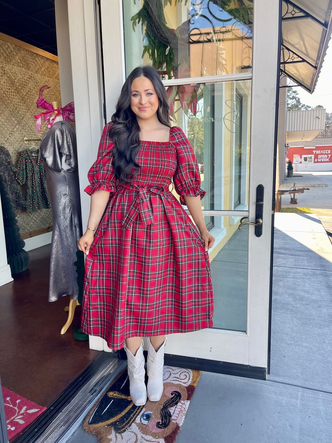 Red Plaid Midi Dress